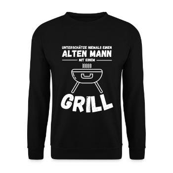 Unterschätze Niemals Einen Alten Mann Mit Grill - Unisex Pullover - Schwarz - Vorne - Alina (178cm) & Michal (187cm)