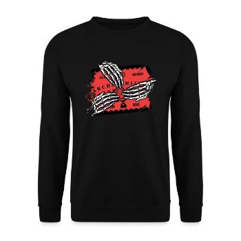 Retro-Halloween-Skelett, das Ouija-Horror spielt - Unisex Pullover - Schwarz - Vorne - Alina (178cm) & Michal (187cm)
