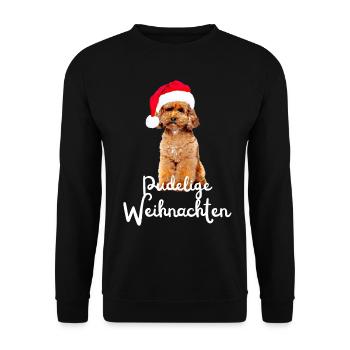 Pudelige Weihnachten Pudel Hund mit Weihnachtsmütz - Unisex Pullover - Schwarz - Vorne - Alina (178cm) & Michal (187cm)