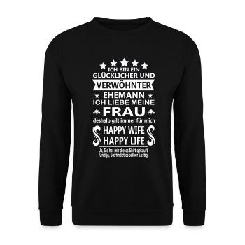 Verwöhnter Ehemann Glücklicher Wunderbarer Mann - Unisex Pullover - Schwarz - Vorne - Alina (178cm) & Michal (187cm)