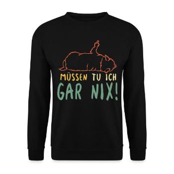 Fauler Hund Müssen Tu Ich Gar Nix Spruch - Unisex Pullover - Schwarz - Vorne - Alina (178cm) & Michal (187cm)