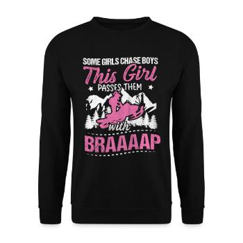 Cette fille passe devant des garçons avec une motoneige Braaaap - Sweat-shirt Unisexe - noir - Devant - Alina (178cm) & Michal (187cm)
