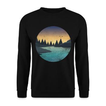 RETRO RIVER WITH FOREST AND BIRDS AT SUNSET - Unisex Sweatshirt - black - Front - Alina (178cm) & Michal (187cm)