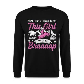 Cette fille passe devant des garçons avec une motoneige Braaaap - Sweat-shirt Unisexe - noir - Devant - Alina (178cm) & Michal (187cm)