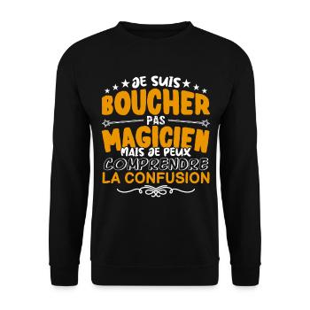 Boucher | Boucher pas Magicien | Meilleur Boucher - Sweat-shirt Unisexe - noir - Devant - Alina (178cm) & Michal (187cm)