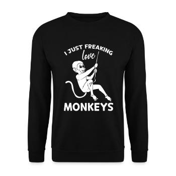 Orangutan Monkey Lover - I Just freaking love Monk - Unisex Pullover - Schwarz - Vorne - Alina (178cm) & Michal (187cm)