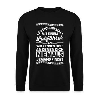Eisenbahn Dampflok Lokomotive Lokführer - Unisex Pullover - Schwarz - Vorne - Alina (178cm) & Michal (187cm)