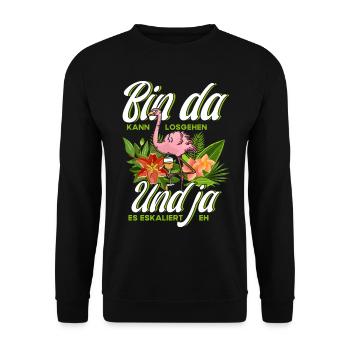 Bin Da Kann Losgehen Jga Flamingo - Unisex Pullover - Schwarz - Vorne - Alina (178cm) & Michal (187cm)