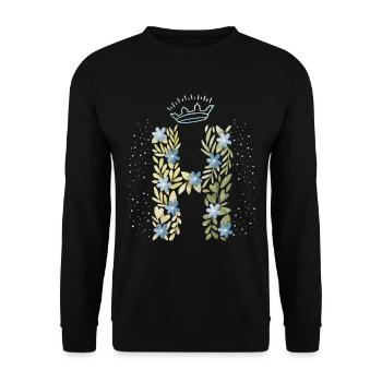 Monogramm Buchstabe H mit Krone, florales Ornament - Unisex Pullover - Schwarz - Vorne - Alina (178cm) & Michal (187cm)