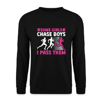Some Girl Chase Boys Runner Running Girl Track Und - Unisex Pullover - Schwarz - Vorne - Alina (178cm) & Michal (187cm)