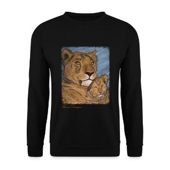Löwenmutter Löwin mit Kind Löwenjunges Vintage Art - Unisex Pullover - Schwarz - Vorne - Alina (178cm) & Michal (187cm)