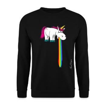 Süßes Einhorn kotzt im Strahl Regenbogen ein - Unisex Pullover - Schwarz - Vorne - Alina (178cm) & Michal (187cm)