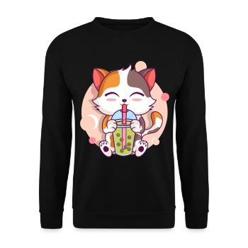 Anime Kawaii Katze Trinkt Boba Tea bubble Tea - Unisex Pullover - Schwarz - Vorne - Alina (178cm) & Michal (187cm)
