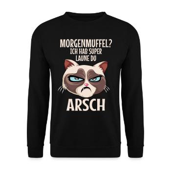 Morgenmuffel Katze Lustiger Spruch - Unisex Pullover - Schwarz - Vorne - Alina (178cm) & Michal (187cm)