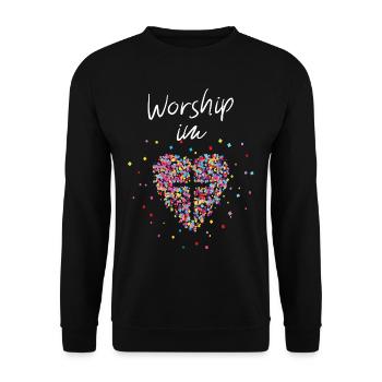 Worship im Herz Kreuz Glaube Gott Bibel Christen - Unisex Pullover - Schwarz - Vorne - Alina (178cm) & Michal (187cm)
