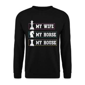 My Wife My Horse My House lustiges Schach - Unisex Pullover - Schwarz - Vorne - Alina (178cm) & Michal (187cm)