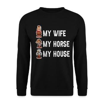 My Wife My Horse My House lustiges Schach - Unisex Pullover - Schwarz - Vorne - Alina (178cm) & Michal (187cm)