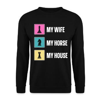 My Wife My Horse My House lustiges Schach - Unisex Pullover - Schwarz - Vorne - Alina (178cm) & Michal (187cm)