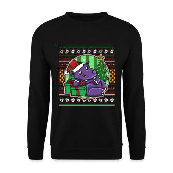 Ugly Christmas Sweater Tshirt Weihnachten Nilpferd - Unisex Pullover - Schwarz - Vorne - Alina (178cm) & Michal (187cm)