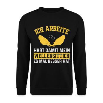 Ich arbeite hart,damit mein Wellensittich es mal - Unisex Pullover - Schwarz - Vorne - Alina (178cm) & Michal (187cm)