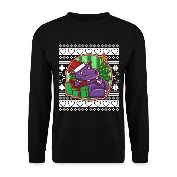 Ugly Christmas Sweater Weihnachten Nilpferd - Unisex Pullover - Schwarz - Vorne - Alina (178cm) & Michal (187cm)