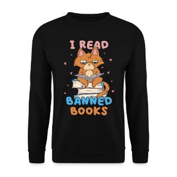 Ich Lese Verbotene Bücher Bibliothek Katze - Unisex Pullover - Schwarz - Vorne - Alina (178cm) & Michal (187cm)