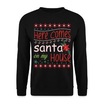 Ugly Christmas Sweater - here comes Santa on my - Unisex Pullover - Schwarz - Vorne - Alina (178cm) & Michal (187cm)