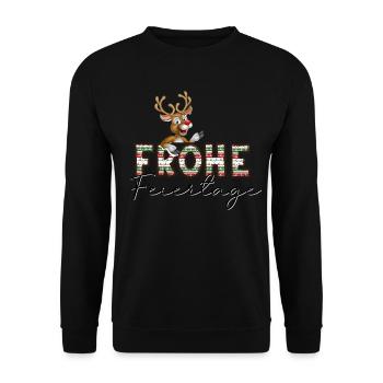 Frohe Feiertage Rentier Weihnachten Motiv - Unisex Pullover - Schwarz - Vorne - Alina (178cm) & Michal (187cm)