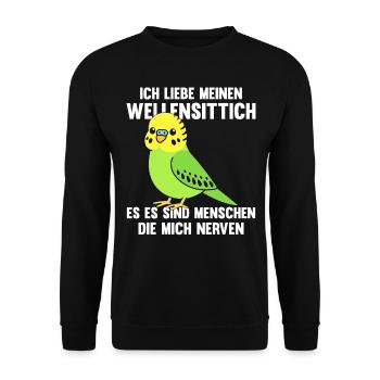 Ich liebe meinen Wellensittich - Unisex Pullover - Schwarz - Vorne - Alina (178cm) & Michal (187cm)