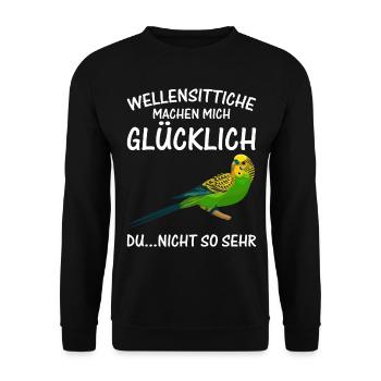 Wellensittiche machen mich glücklich - Unisex Pullover - Schwarz - Vorne - Alina (178cm) & Michal (187cm)