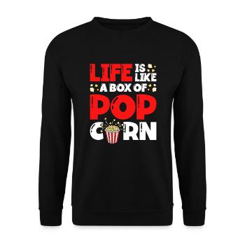 Das Leben Ist Wie Eine Schachtel Popcorn - Unisex Pullover - Schwarz - Vorne - Alina (178cm) & Michal (187cm)