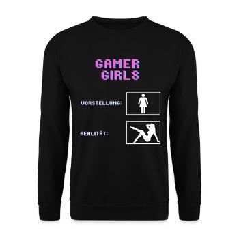Gamer Girls Vorstellung vs. Realität Gaming Gamer - Unisex Pullover - Schwarz - Vorne - Alina (178cm) & Michal (187cm)