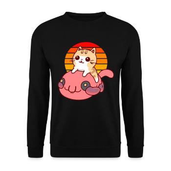 Katze reitet einen Blobfisch - Unisex Pullover - Schwarz - Vorne - Alina (178cm) & Michal (187cm)