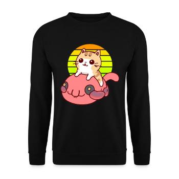 Katze reitet einen Blobfisch - Unisex Pullover - Schwarz - Vorne - Alina (178cm) & Michal (187cm)