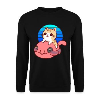 Katze reitet einen Blobfisch - Unisex Pullover - Schwarz - Vorne - Alina (178cm) & Michal (187cm)