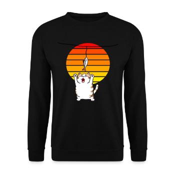 Katze streckt sich nach dem Fisch - Unisex Pullover - Schwarz - Vorne - Alina (178cm) & Michal (187cm)