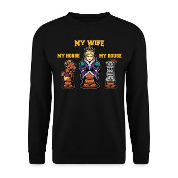 My Wife My Horse My House Funny Chess Player - Unisex Pullover - Schwarz - Vorne - Alina (178cm) & Michal (187cm)