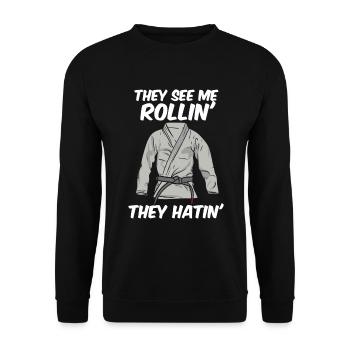 They See Mee Rollin They Hatin Jiu Jitsu BJJ - Unisex Pullover - Schwarz - Vorne - Alina (178cm) & Michal (187cm)