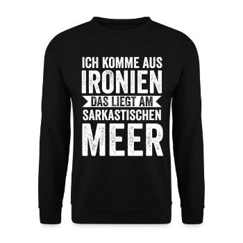 Ich Komme Aus Ironien Das Liegt Am Sarkastischen M - Unisex Pullover - Schwarz - Vorne - Alina (178cm) & Michal (187cm)