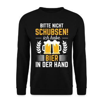 Bitte nicht schubsen, ich habe Bier in der Hand - Unisex Pullover - Schwarz - Vorne - Alina (178cm) & Michal (187cm)