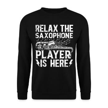 Relax Le joueur de saxophone est ici Saxophone Playe - Sweat-shirt Unisexe - noir - Devant - Alina (178cm) & Michal (187cm)