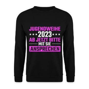 Jugendweihe 2023 Ab Jetzt mit Sie ansprechen - Unisex Pullover - Schwarz - Vorne - Alina (178cm) & Michal (187cm)