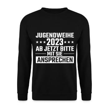 Jugendweihe 2023 Ab Jetzt mit Sie ansprechen - Unisex Pullover - Schwarz - Vorne - Alina (178cm) & Michal (187cm)