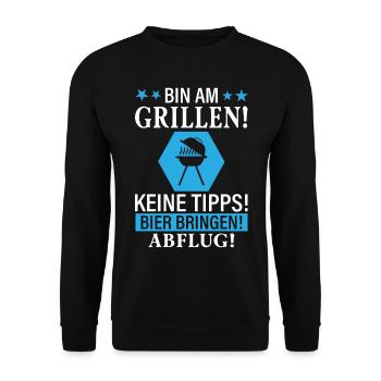 Bin am grillen keine Tipps Bier bringen Abflug! - Unisex Pullover - Schwarz - Vorne - Alina (178cm) & Michal (187cm)