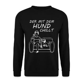 Der mit dem Hund chillt - Unisex Pullover - Schwarz - Vorne - Alina (178cm) & Michal (187cm)