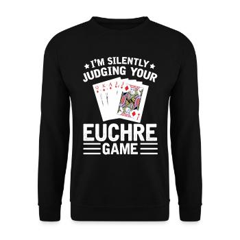 Beurteilen Sie Ihr Euchre-spiel - - Unisex Pullover - Schwarz - Vorne - Alina (178cm) & Michal (187cm)