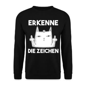 Erkenne Die Zeichen Mittelfinger Katze - Unisex Pullover - Schwarz - Vorne - Alina (178cm) & Michal (187cm)
