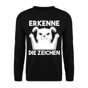 Erkenne Die Zeichen Mittelfinger Hund - Unisex Pullover - Schwarz - Vorne - Alina (178cm) & Michal (187cm)