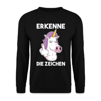Erkenne Die Zeichen Einhorn - Unisex Pullover - Schwarz - Vorne - Alina (178cm) & Michal (187cm)