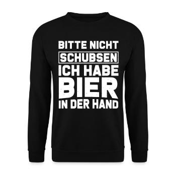 Bitte nicht schubsen ich habe Bier in der Hand - Unisex Pullover - Schwarz - Vorne - Alina (178cm) & Michal (187cm)